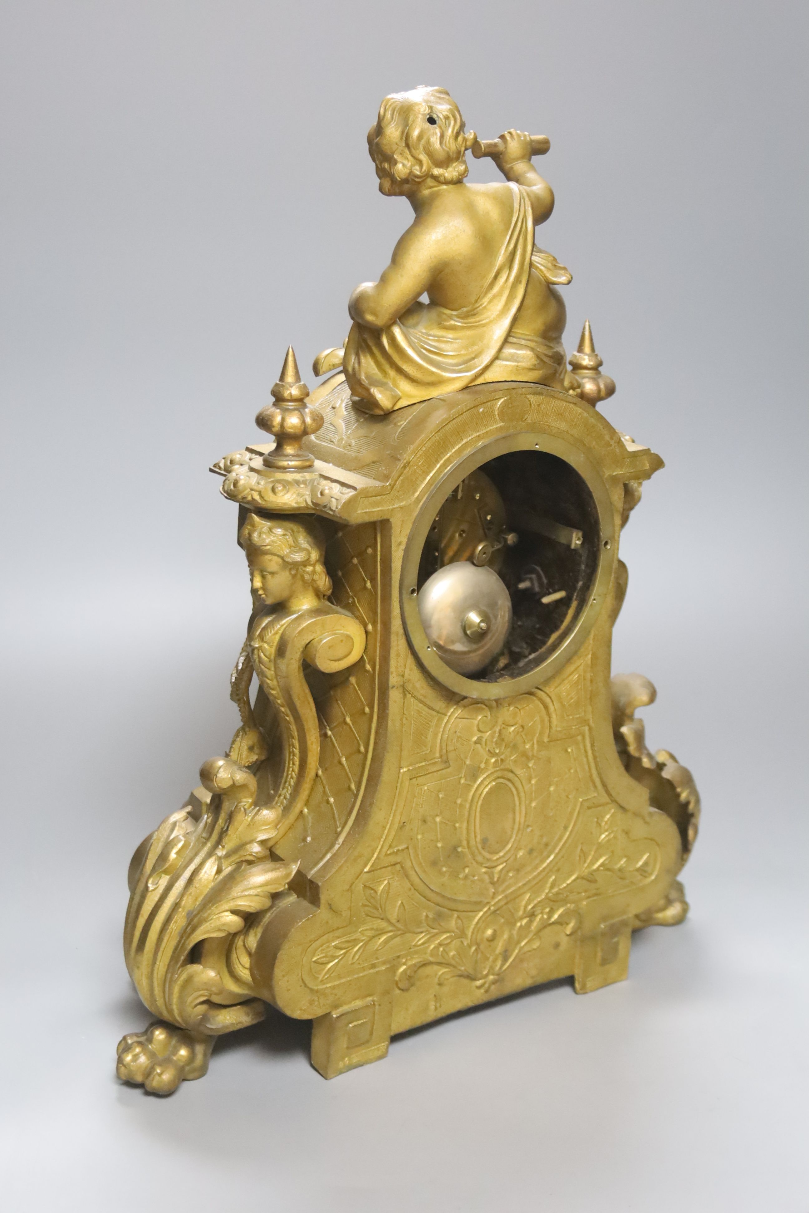 A 19th century Louis XV style ormolu and porcelain 'cherub' mantel clock, height 42cm